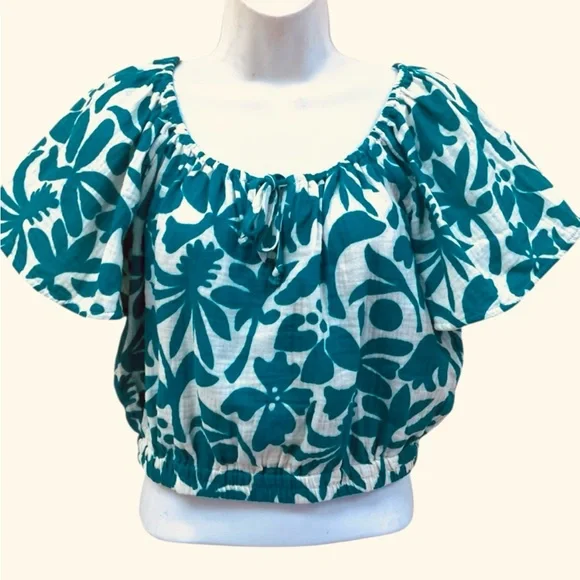 Marine Layer Tiana Cropped Blouse Spruce Flora XS NWT - Picture 4 of 8